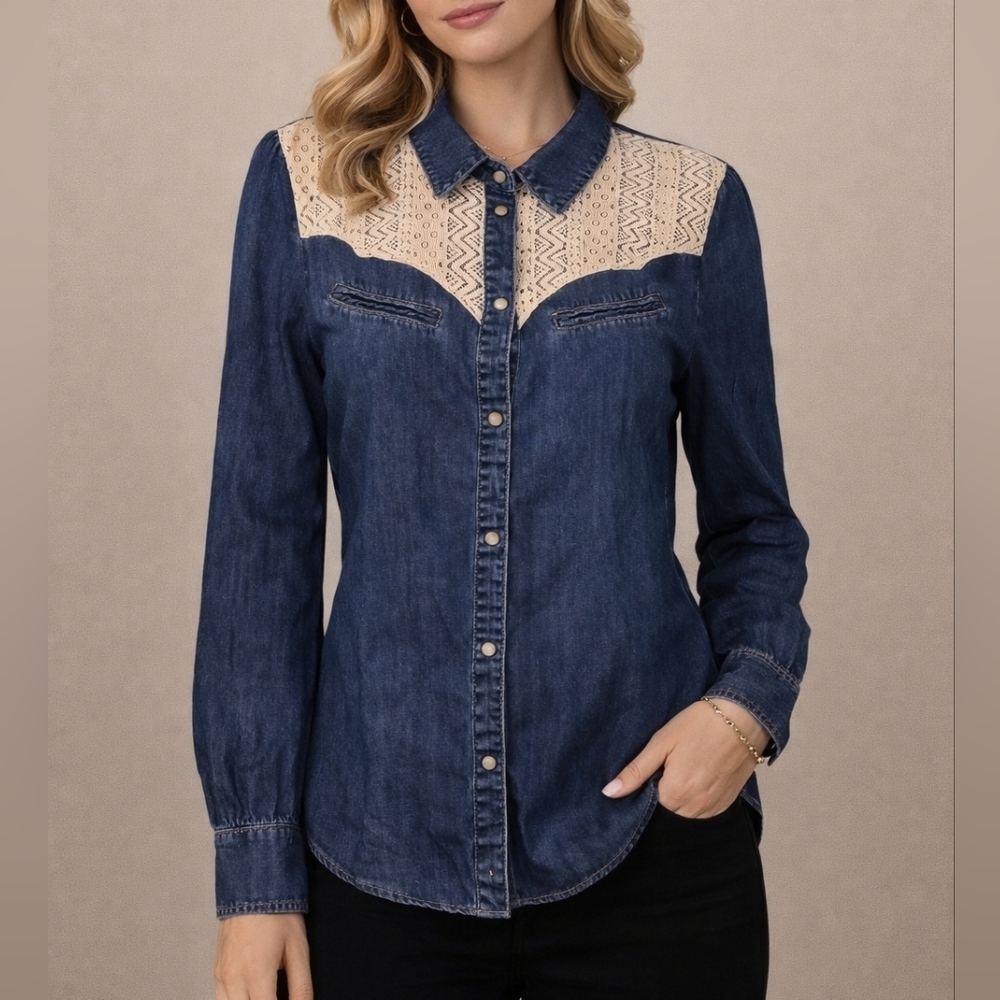 VTG SANCTUARY Western Rockabilly Lace Yoke Snap Button Chambray Shirt Medium